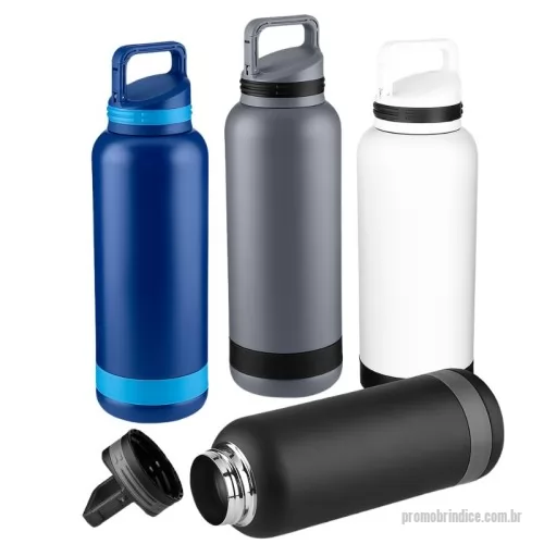 Garrafa térmica personalizada - Garrafa térmica em aço inox com parede dupla isolada a vácuo, com capacidade de até 750ml. Tampa rosqueável com anel de silicone para vedação. Alça plástica tipo mosquetão.