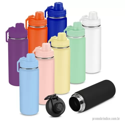 Garrafa térmica personalizada - Garrafa térmica em aço inox com parede dupla com capacidade de 570 ml. Tampa rosqueável com anel de silicone, alça plástica em formato de mosquetão e bico rosqueável para fácil acesso. Design com frisos na tampa e pintura a pó.