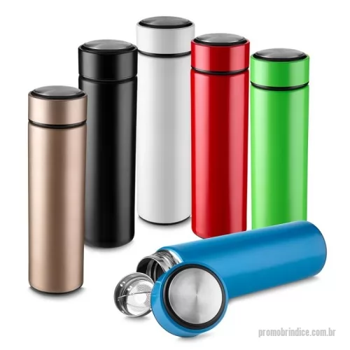 Garrafa térmica personalizada - Garrafa térmica em aço inox com parede dupla isolada a vácuo, com capacidade até 450ml. Tampa rosqueável com anel de silicone para vedação. Possui infusor para chás.