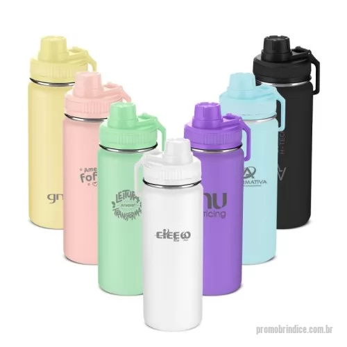 Garrafa térmica personalizada - Garrafa térmica é o brinde corporativo ideal para ações promocionais, eventos e campanhas de marketing. Fabricada em aço inox com parede dupla, possui capacidade de até 570 ml, tampa rosqueável com frisos, alça em plástico e anel de silicone que garante vedação eficiente. Conta com pintura pó e design funcional que destaca sua marca com praticidade.