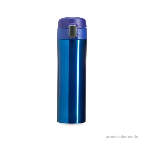 Garrafa térmica personalizada -  Garrafa térmica 450ml colorida com sistema de trava. Material metálico com revestimento interno em inox, possui tampa plástica fosca com borracha interna para vedação evitando o vazamento de líquido e prezando sua temperatura; possui botão central para abertura e trava lateral(basta seguir a orientação dos desenhos de cadeados simulando o travamento/destravamento da tampa).  Medidas aproximadas para gravação (CxL):  18 cm x 6 cm  Tamanho total aproximado  (CxL):  23,3 x 6,9 cm x 21,5 cm  Peso aproximado (g):  267