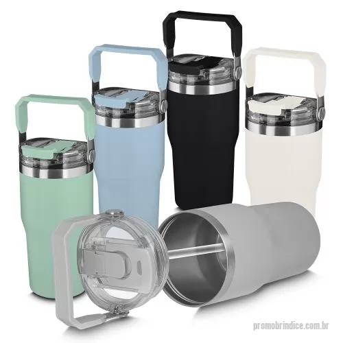 Garrafa térmica personalizada - Garrafa térmica em aço inox com parede dupla com capacidade de até 650ml, parede externa com pintura a pó. Tampa rosqueável com anel de silicone para vedação. Alça de transporte em plástico. Permite-se hidratar por canudo ou bico.