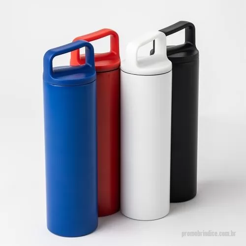 Garrafa térmica personalizada - Garrafa térmica em inox, com parede dupla e capacidade de 600ml. A tampa é plástica rosqueável e possui alça acoplada. Altura :  25,7 cm Largura :  7 cm Circunferência :  22,2 cm