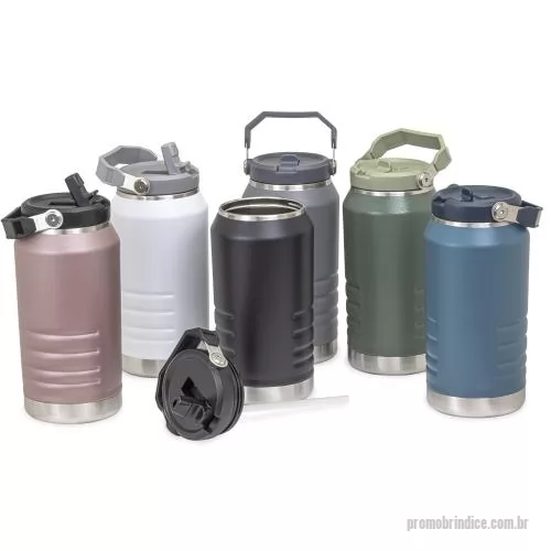 Garrafa térmica personalizada - Garrafa térmica feita em inox 304 com parede dupla, capacidade de 1,1 litros. Com alça para transporte, a tampa contém bico flip e canudo interno. Altura :  23 cm Largura :  11,2 cm Circunferência :  33,4 cm