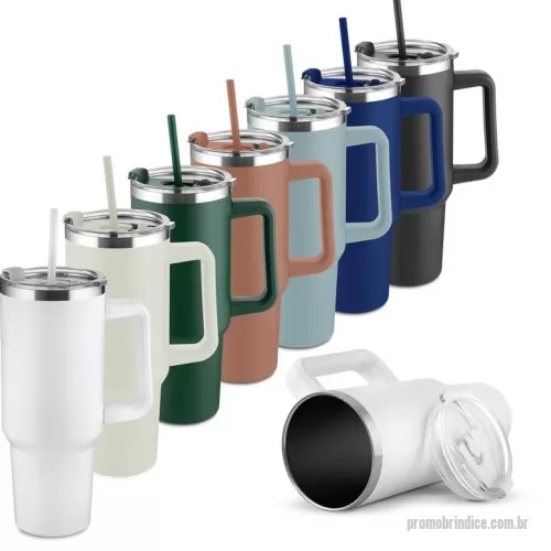 Garrafa térmica personalizada - Caneca térmica de 1,3 litros em inox reciclado com parede dupla (interno 304, externo 201), acabamento em pintura a pó, tampa e canudo em plástico PP na cor do produto.