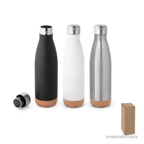 Garrafa térmica personalizada - Garrafa em aço inox e base em cortiça com parede dupla com isolamento a vácuo. Mantém as bebidas quentes por 8h e frias por 24h. Tem capacidade até 560 ml. Food grade. Fornecido em caixa.