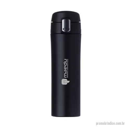 Garrafa térmica personalizada - Garrafa térmica 450ml colorida com sistema de trava. Material metálico com revestimento interno em inox, possui tampa plástica fosca com borracha interna para vedação evitando o vazamento de líquido e prezando sua temperatura; possui botão central para abertura e trava lateral(basta seguir a orientação dos desenhos de cadeados simulando o travamento/destravamento da tampa).