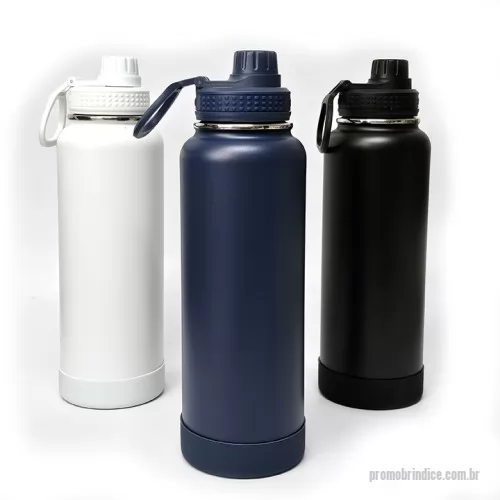 Garrafa térmica personalizada - Garrafa  Acompanha tampa com bocal e trava de segurança, base removível de silicone – Possui dimensões aproximadas de 30 cm altura, 9,6 cm de diâmetro