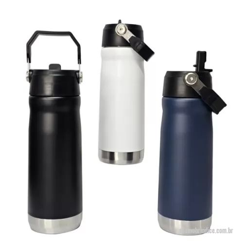 Garrafa térmica personalizada - Garrafa térmica com alça vertical, bico flip e canudo interno.  Capacidade: 650ml.