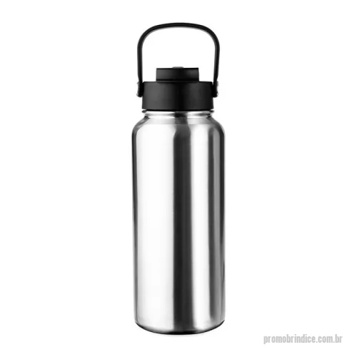 Garrafa térmica personalizada - Garrafa térmica em inox com capacidade de até 950ml. Conta com estrutura de parede dupla e vedação a vácuo, permitindo a conservação da temperatura de líquidos por mais tempo. Dispõe de tampa plástica com trava de proteção para o bocal, bico flip, canudo removível e alça para transporte.