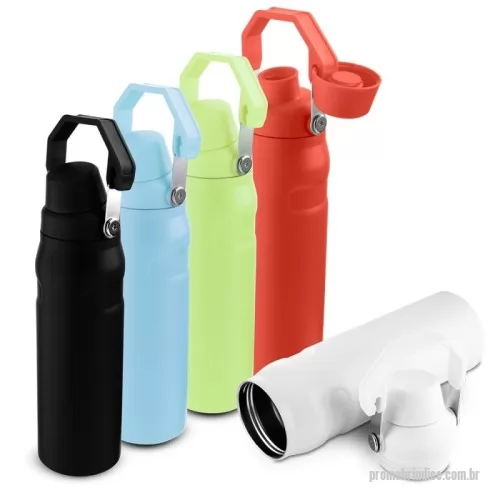 Garrafa térmica personalizada - Garrafa térmica em inox interno 304 com pintura eletrostática e capacidade para até 750ml. Conta com estrutura de parede dupla e vedação a vácuo, permitindo a conservação da temperatura de líquidos por mais tempo. Possui tampa rosqueável em plástico PP, protetor adicional para o bocal e alça com encaixe lateral para fixação do protetor menor.