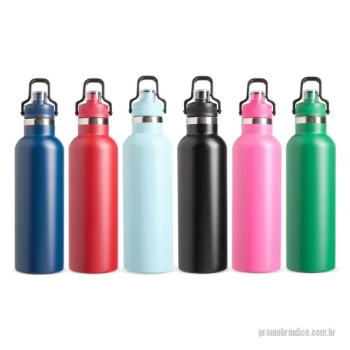 Garrafa térmica personalizada - Garrafa térmica em inox 304 com capacidade de até 800ml. Possui estrutura de parede dupla e vedação a vácuo, permitindo conservar a temperatura de bebidas por mais tempo. Apresenta uma tampa rosqueável em plástico com protetor para o bocal e trava de segurança integrada à alça.