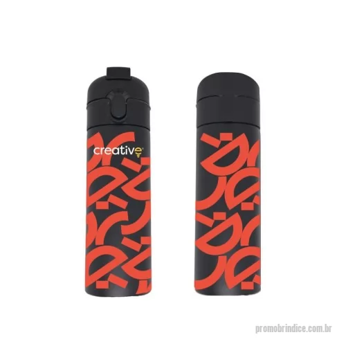 Garrafa térmica personalizada - Garrafa térmica de 400ml em aço inoxidável, resistente e durável. Possui tampa flip com bico e canudo integrados, permitindo o consumo direto sem remover a tampa. A estrutura dupla em inox garante melhor isolamento térmico e facilita a limpeza, mantendo bebidas quentes ou frias por mais tempo.