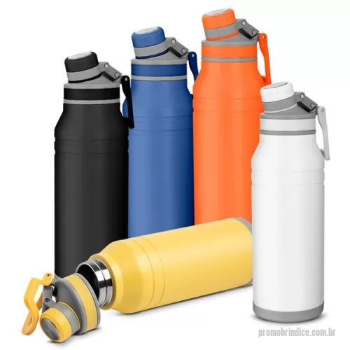 Garrafa térmica personalizada - Garrafa térmica em aço inox com parede dupla isolada a vácuo, com capacidade de até 1,2l. Acabamento na parte externa em tinta pó. Alça de transporte flexível. Tampa rosqueável com anel de silicone para vedação. Bico rosqueável. Gravação da logomarca a laser já incluso.