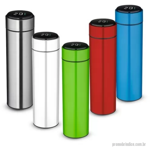 Garrafa térmica personalizada - Garrafa térmica em aço inox com parede dupla isolada a vácuo, com capacidade até 450ml. Tampa rosqueável com anel de silicone para vedação. Possui infusor para chás. Display LED com termômetro digital na tampa para indicar a temperatura do líquido. Possui tampa removível para a troca da bateria CR2032. Gravação da logomarca a laser já incluso.