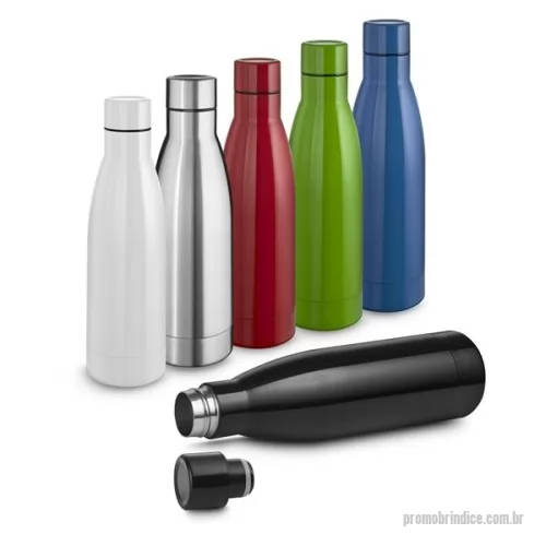 Garrafa térmica personalizada - Garrafa térmica em aço inox com parede dupla isolado à vácuo com capacidade de de 450ml. Tampa rosqueável de inox na cor do produto com anel de silicone para vedação. Pintura brilhosa. Gravação da logomarca a laser já incluso.