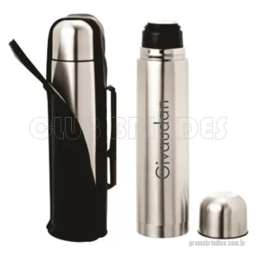 Garrafa térmica personalizada - Garrafa térmica 500ml em inox com tampa rosqueável, tampa interna em plástico resistente(basta um clique para abrir ou fechar). Acompanha capa protetora de couro sintético com alça de nylon. Gravação da logomarca a laser já incluso.