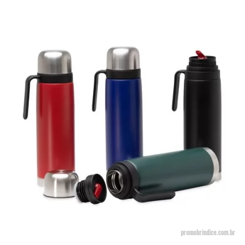 Garrafa térmica personalizada - Garrafa térmica de inox com bico condutor e alça plástica, capacidade de 750ml. Gravação da logomarca a laser já incluso.