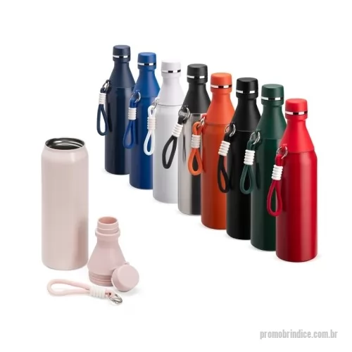 Garrafa térmica personalizada - Garrafa térmica em inox com capacidade para até 500ml. Possui estrutura de parede dupla, ideal para conservar a temperatura de líquidos por mais tempo. Conta com tampa rosqueável e compartimento removível em plástico, permitindo o uso como copo. Acompanha alça em nylon com detalhes em plástico e mosquetão metálico.  Altura: 26,2 cm Largura: 7,1 cm