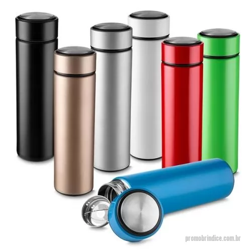 Garrafa térmica personalizada - Garrafa térmica em inox 450ml com parede dupla isolada a vácuo, com infusor e tampa rosqueável, conserva temperatura quente ou fria.