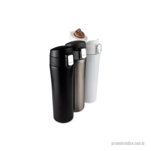 Garrafa térmica personalizada - Garrafa térmica de 450 ml, prática e segura! Feita em inox 304, com parede dupla que mantém a temperatura do líquido por mais tempo. Sua tampa plástica fosca possui vedação em borracha para evitar vazamentos e garantir proteção extra. Com botão centr