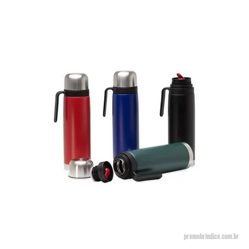 Garrafa térmica personalizada - Garrafa térmica 900 ml em inox com alça plástica. Possui tampa rosqueável, tampa interna rosqueável com bico plástico vermelho. Altura : 29,9 cm Largura : 11 cm Circunferência : 27,1 cm Peso aproximado g : 504