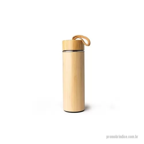 Garrafa térmica personalizada - Garrafa térmica de bambu e inox 400 ml e infusor de metal. Contém tampa rosqueável de bambu e alça de tecido embutida. Altura : 22 cm Largura : 7 cm Circunferência : 22 cm Peso aproximado g : 310