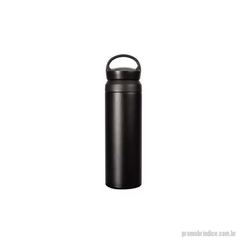 Garrafa térmica personalizada - Garrafa térmica com capacidade de até 500 ml. Conta com estrutura de parede dupla e isolamento a vácuo, o que permite a conservação da temperatura de bebidas por mais tempo. Possui tampa plástica rosqueável com alça para transporte e abertura em duas