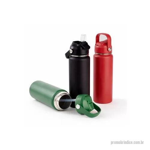 Garrafa térmica personalizada - Garrafa térmica de parede dupla com parte externa em inox 201 com pintura eletrostática e camada interna em inox 304. Possui capacidade de até 600 ml, tampa rosqueável em plástico polipropileno PP , bico retrátil em silicone com protetor em plástico 