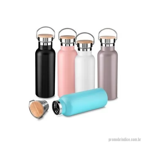 Garrafa térmica personalizada - Garrafa térmica em inox 500 ml, tampa rosqueável com revestimento em fibra de bambu, alça de metal.
