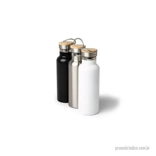 Garrafa térmica personalizada - Garrafa de inox com capacidade de 500 ml, tampa em inox com detalhe em bambu e alça de transporte. Altura : 22,3 cm Largura : 7,3 cm Circunferência : 23,8 cm Peso aproximado g : 304