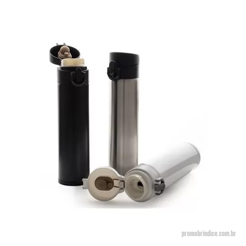 Garrafa térmica personalizada - Garrafa térmica em inox, capacidade de 340ml. Tampa com trava de segurança e botão com acionamento. Altura : 22,8 cm Largura : 6,8 cm Circunferência : 18,3 cm Peso aproximado g : 209
