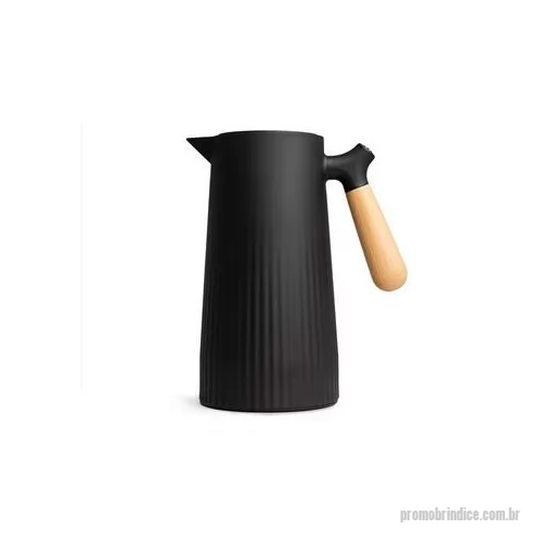 Garrafa térmica personalizada - Garrafa térmica com capacidade de 1 litro, fabricada em plástico com ampola de vidro na parte interna. Contém tampa rosqueável com botão no centro para abrir e fechar o líquido, cabo de madeira com detalhe na parte superior com aderência para o dedo 