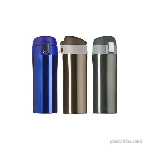 Garrafa térmica personalizada - Garrafa térmica 350 ml colorida com sistema de trava. Material metálico com revestimento interno em inox, possui tampa plástica fosca com borracha interna para vedação evitando o vazamento de líquido e prezando sua temperatura possui botão central pa