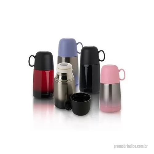 Garrafa térmica personalizada - Garrafa térmica 250ml com acabamento degradê, contém tampa hermética rosqueável com botão de acionamento e tampa externa plástica com alça, podendo ser utilizada como xícara.