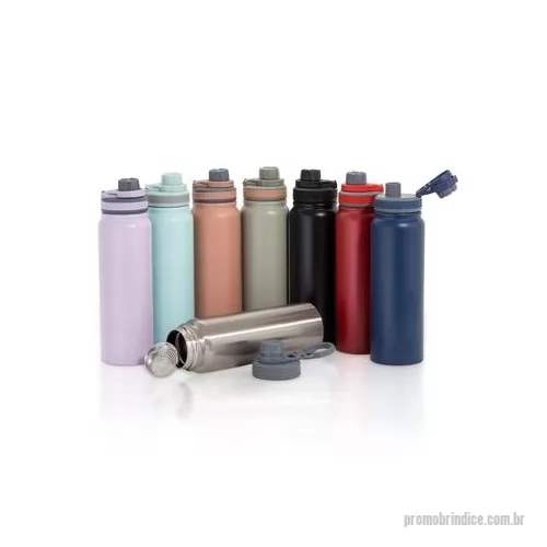 Garrafa térmica personalizada - Garrafa térmica com infusor de bebidas, feita em inox 304 de parede dupla com capacidade de 850ml. Tampa com alça para transporte e tampa de proteção para o bocal. Altura : 27 cm Largura : 7,8 cm Circunferência : 25 cm Peso aproximado g : 394