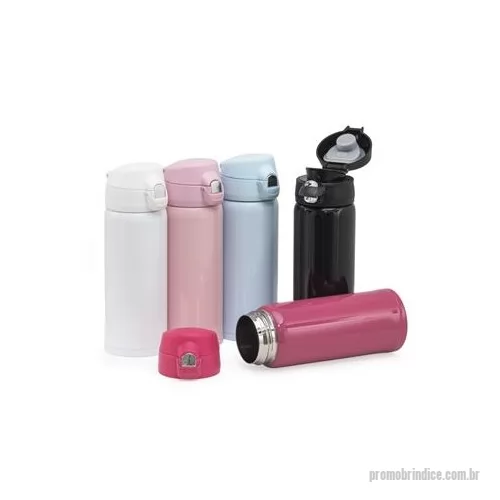 Garrafa térmica personalizada - Garrafa térmica feita em inox 304 com parede dupla, capacidade de 400 ml. Tampa de polipropileno com botão de acionamento e trava de segurança. Altura : 20,2 cm Largura : 7,4 cm Circunferência : 20,8 cm Tamanho total aproximado CxL : Diâmetro sem tam