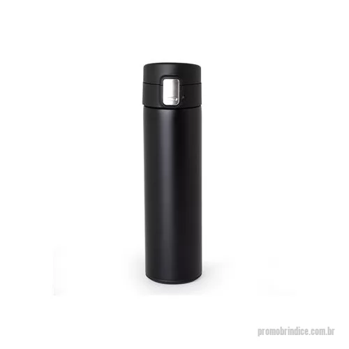 Garrafa térmica personalizada - Garrafa Térmica 450 ml em inox com sistema de trava. Contém acabamento fosco e revestimento interno em inox, possui tampa plástica fosca com borracha interna para vedação, evitando o vazamento de líquido, botão central para abertura e trava lateral b