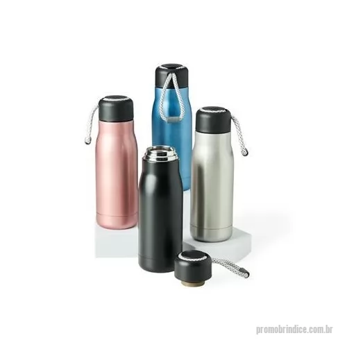 Garrafa térmica personalizada - Garrafa térmica com capacidade de 420ml feita em inox 304 com parede dupla. Tampa plástica com corda para transporte embutida.