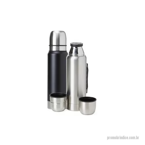 Garrafa térmica personalizada - Garrafa térmica de inox com parede dupla e tampa dupla, capacidade de 1 litro. Com alça plástica para transporte, a garrafa contém duas tampas utilizáveis como copos. Altura : 35,7 cm Largura : 10,6 cm Circunferência : 29,8 cm Tamanho total aproximad