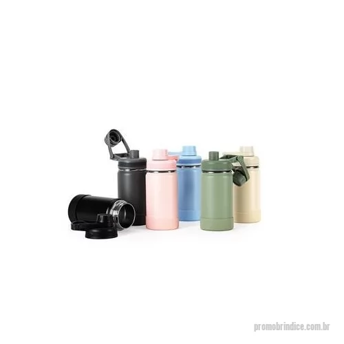 Garrafa térmica personalizada - Garrafa térmica em inox, pintura eletrostática e capacidade para até 350 ml. Conta com estrutura de parede dupla e vedação a vácuo, permitindo conservar a temperatura de líquidos por mais tempo. Possui tampa rosqueável com protetor para o bocal e alç