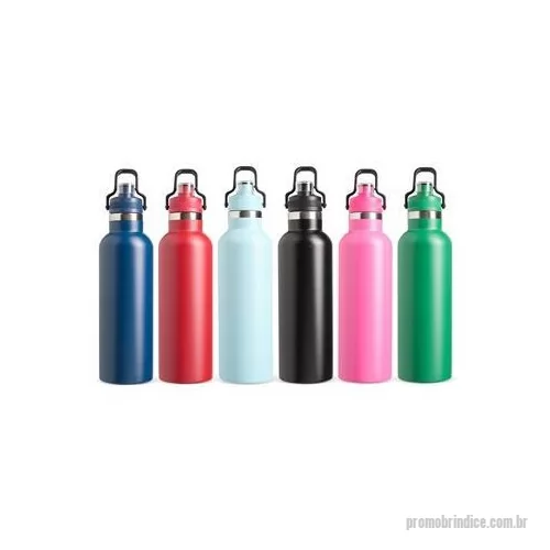 Garrafa térmica personalizada - Garrafa térmica em inox 304 com capacidade de até 800 ml. Possui estrutura de parede dupla e vedação a vácuo, permitindo conservar a temperatura de bebidas por mais tempo. Apresenta uma tampa rosqueável em plástico com protetor para o bocal e trava d