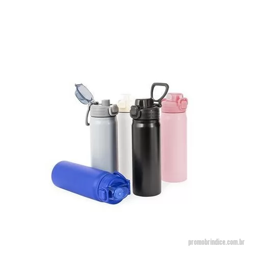 Garrafa térmica personalizada - Garrafa térmica com capacidade para até 680 ml. Feita em inox 304, possui estrutura de parede dupla e vedação a vácuo, permitindo a conservação da temperatura de líquidos por mais tempo. Conta com tampa rosqueável com trava de segurança, botão de aci
