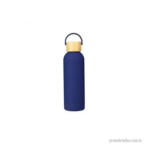 Garrafa térmica personalizada - Garrafa térmica em inox com pintura emborrachada e capacidade para até 500 ml. Possui estrutura de parede dupla e vedação a vácuo que permite conservar a temperatura de bebidas por mais tempo, além de tampa rosqueável em bambu com alça plástica para 