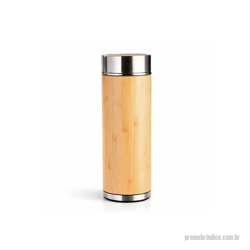 Garrafa térmica personalizada - Garrafa térmica de parede dupla com revestimento externo em bambu e interior feito em inox 304. Possui capacidade de até 350 ml, tampa rosqueável com detalhes externos em inox 201 e bambu e parte interna em plástico polipropileno PP com anel de silic