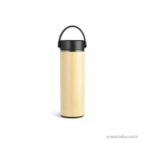 Garrafa térmica personalizada - Garrafa térmica com capacidade máxima de 400 ml. Possui estrutura de parede dupla com revestimento externo em bambu e parte interna em inox 304. Conta com tampa rosqueável em polipropileno PP com alça para transporte. Acompanha cesto infusor com alça