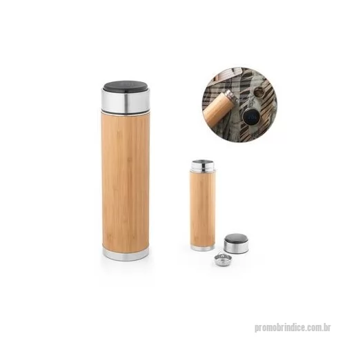 Garrafa térmica personalizada - Garrafa em aço inox e bambu de parede dupla térmica, isolada a vácuo. Capacidade até 430 ml. A tampa contém um termômetro digital que permite saber, a qualquer momento, a temperatura da bebida pilha inclusa . Incluso infusor para chá. Certificação EU