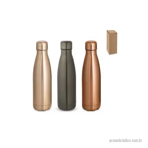 Garrafa térmica personalizada - Garrafa em aço inox de parede dupla térmica, isolada a vácuo. Garrafa com acabamento metalizado e tampa em aço inox. Todas as componentes da garrafa - tampa, corpo e base - na mesma cor. Capacidade até 510 ml. Fornecido em caixa presente de papel kra