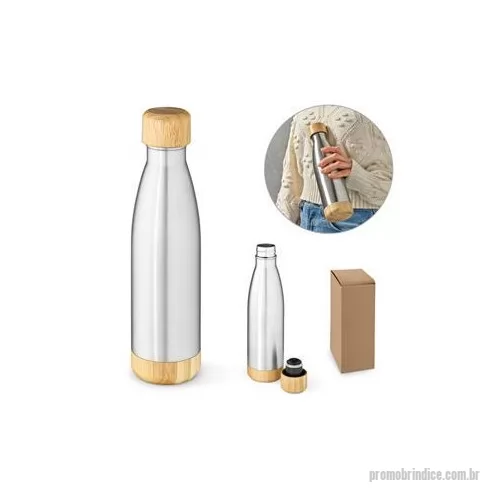 Garrafa térmica personalizada - Garrafa em aço inox 90% reciclado de parede dupla térmica, isolada a vácuo. Com tampa e base em bambu. Capacidade até 550 ml. Fornecido em caixa presente kraft. Certificação EU Food Grade. A cor e o resultado da impressão nos materiais naturais pode 