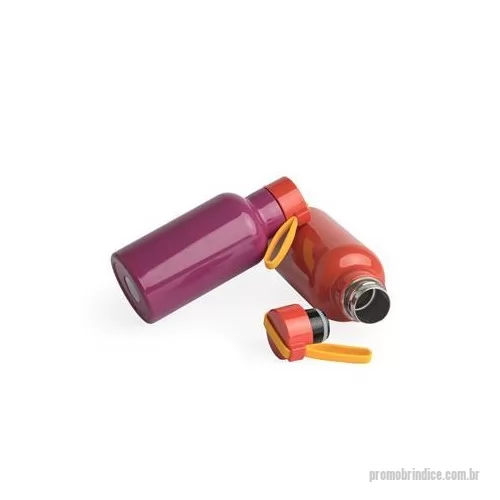 Garrafa térmica personalizada - Garrafa térmica de inox 380 ml. Contém tampa rosqueável e alça colorida de silicone acoplada na tampa. Altura : 18 cm Largura : 7,3 cm Circunferência : 23 cm Peso aproximado g : 225